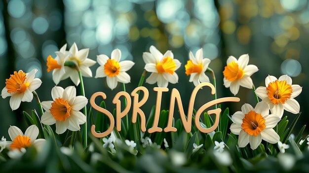 Tekst Wiosna otoczona kwiatami narcyzów wiosennych tło
