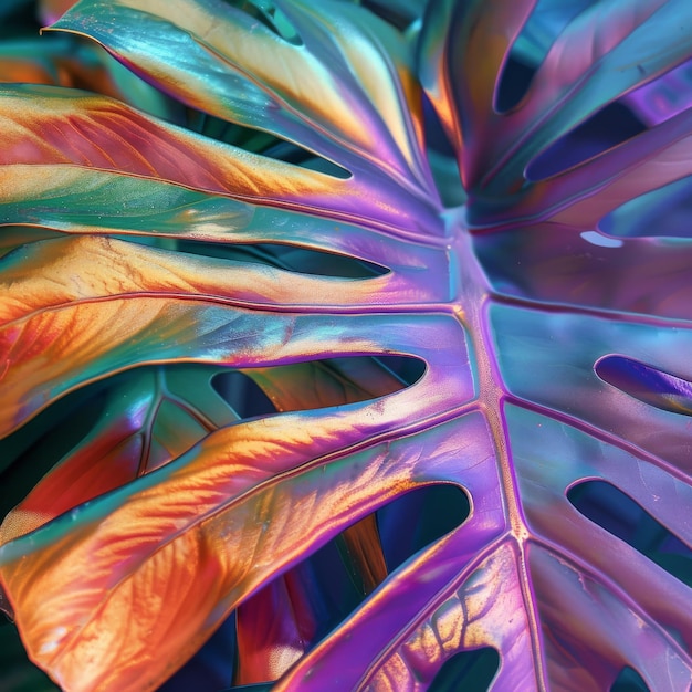 Tekstura liści Rainbow Monstera Egzotyczna roślina tropikalna Nowoczesna Rainbow Mon stera Kopiować przestrzeń