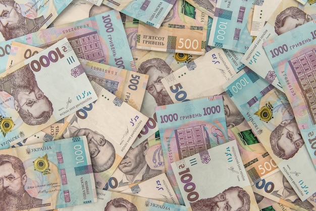 Tekstura Prawdziwej Nowej Ukrainy Banknotów 500 I 1000. Uah. Kupie Hrywny Jako Zaplecze Finansowe.