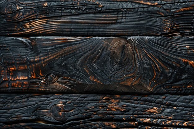 Tekstura spalonego czarnego i ciemno brązowego drewna z węzłami