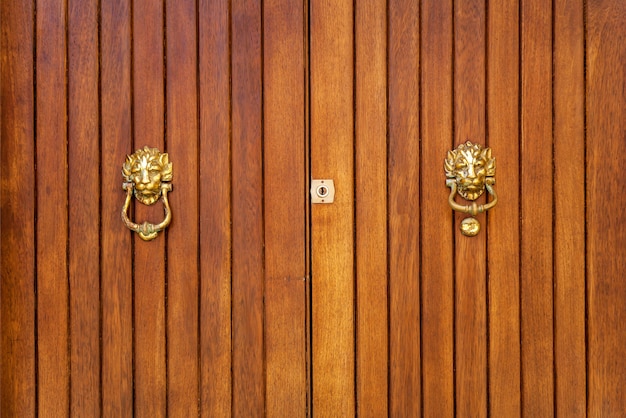 Tekstura starych drewnianych drewnianych drzwi z metalowymi uchwytami w postaci głowy lwa na wyspie