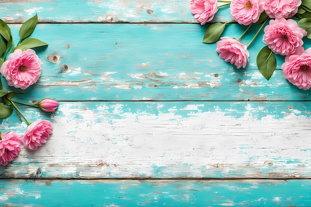Tekstura turkusowej drewna z wiosennymi kwiatami