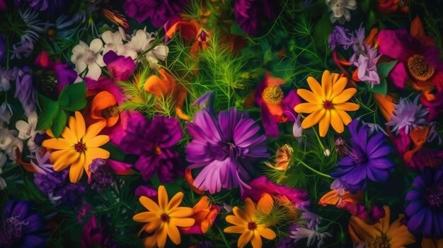 Tekstura żywych mieszanych amerykańskich kolorowych kwitnących kwiatów dla tapety tła generowana przez AI