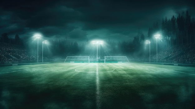 Teksturowane boisko do gry w piłkę nożną z neonowym środkiem przeciwmgielnym