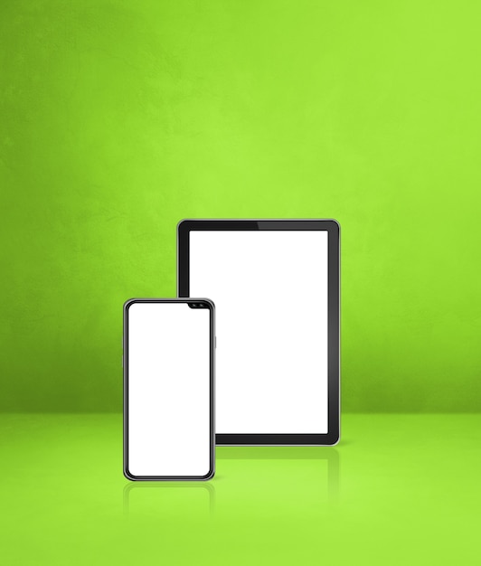 Telefon komórkowy i cyfrowy Tablet PC na zielonym biurku. Ilustracja 3D