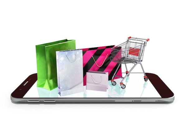 Telefon komórkowy i torba na zakupy 3d ilustracja na bielu