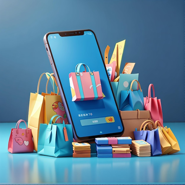 Telefon komórkowy lub smartfon z powierzchnią sklepu i trzymanie kolorowych toreb papierowych na zakupy koszyk na zakupy karta kredytowa na bluefranchise biznes lub zakupy online koncepcja3d ilustracja lub