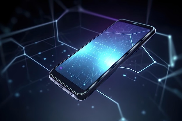 Telefon komórkowy na abstrakcyjnym futurystycznym neonowym kolorowym tle Generative AI