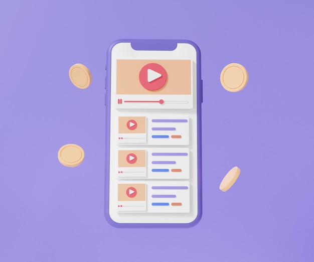 Telefon komórkowy nowoczesny odtwarzanie wideo unoszące się na fioletowym tle z monetami pasywny dochód koncepcja bezprzewodowe połączenie mediów kreskówka minimalna sieć społecznościowa ilustracja 3d render