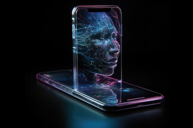 Telefon komórkowy przyszłości przezroczysty niewidoczny telefon komórkowy Siri Alice hologram sztuczna inteligencja smartfon Ai Metaverse i technologia Blockchain innowacyjna sieć danych przyszłości