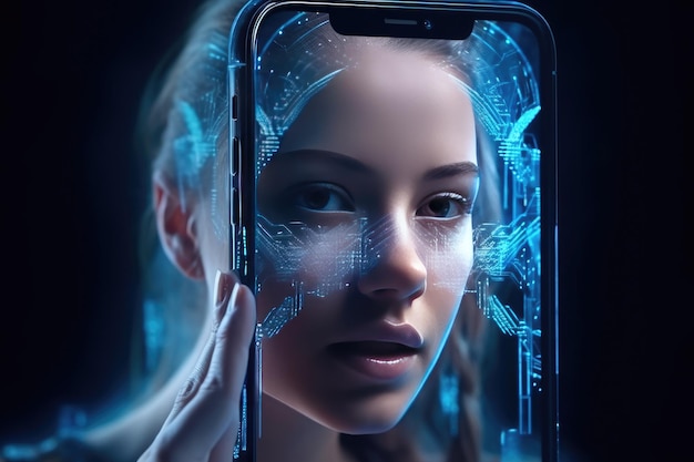 Telefon komórkowy przyszłości przezroczysty niewidoczny telefon komórkowy Siri Alice hologram sztuczna inteligencja smartfon Ai Metaverse i technologia Blockchain innowacyjna sieć danych przyszłości