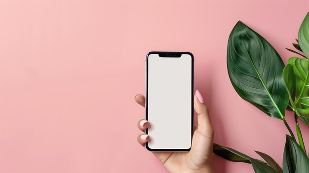 Telefon komórkowy z białym ekranem w rękach izolowany na różowym tle Pusty z pustym miejscem do kopiowania