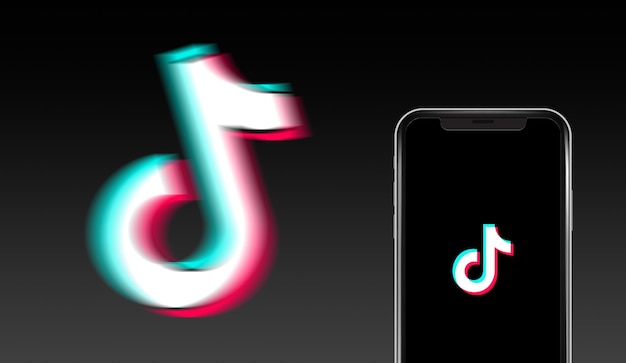 Telefon komórkowy z czarnym ekranem z logo tiktok w 3D na tle