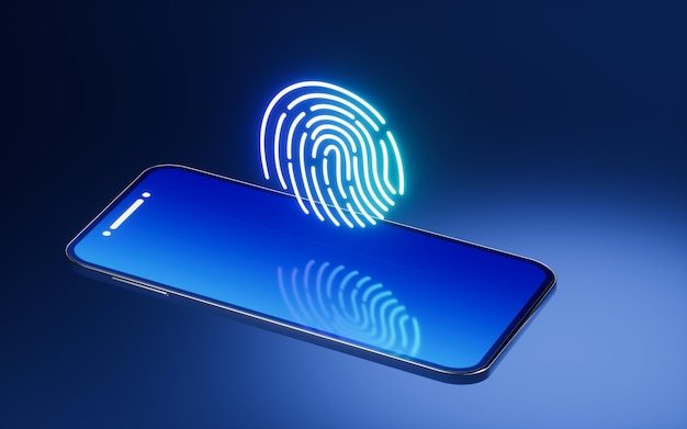 Telefon komórkowy z odciskiem palca na niebieskim tle renderowania 3d