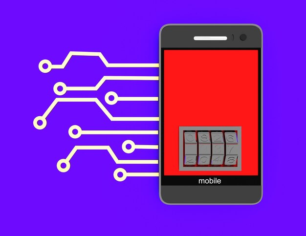 Zdjęcie telefon komórkowy z układem elektronicznym i tarczą blokady. 3d renderowana ilustracja