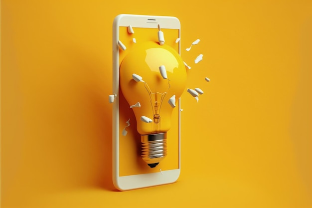 Telefon komórkowy z żarówką na ekranie Koncepcja pomysłów i kreatywności żółte tło AI