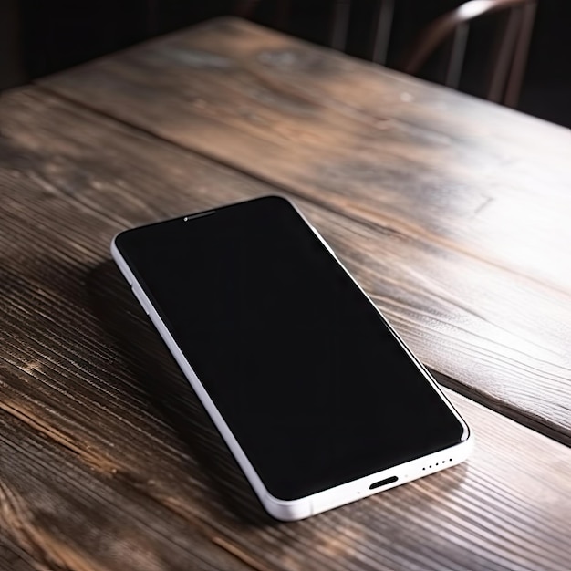 Telefon na drewnianym stole z napisem telefon komórkowy