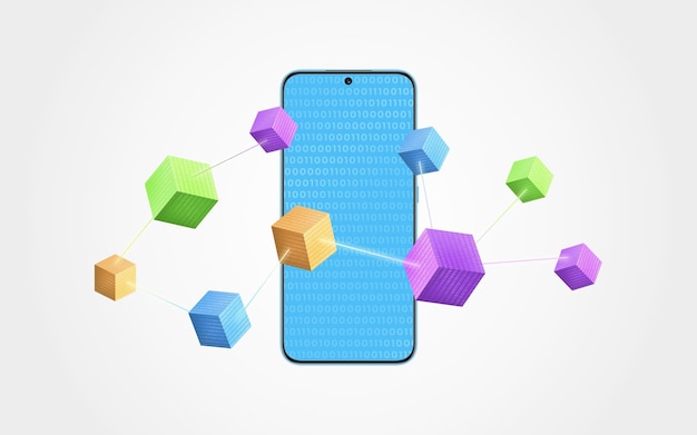 Telefon otoczony latającymi kostkami blockchain z kodem binarnym reprezentującym łączność cyfrową