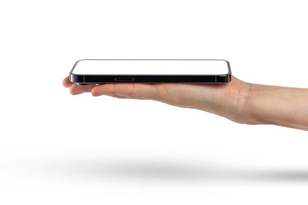 Telefon w ręku izoluje na białym tle nowoczesny smartfon leży na dłoni z ekranem do góry si