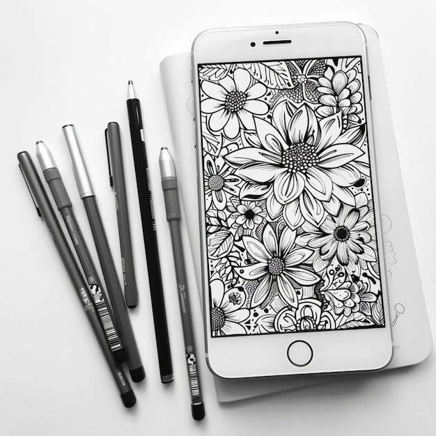 Zdjęcie telefon z kwiatem narysowanym obok długopisu i pióra