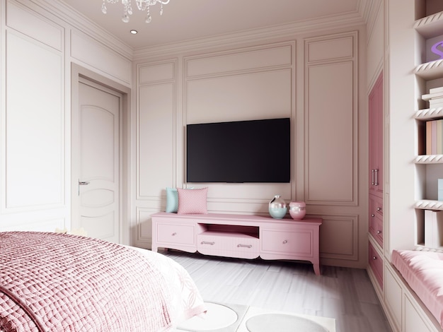 Telewizor na ścianie i różowa szafka pod telewizor z ozdobnymi poduszkami i wazonami w pokoju dziecięcym