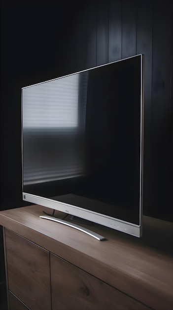 Zdjęcie telewizor na stole w ciemnym pokoju z drewnianą ścianą