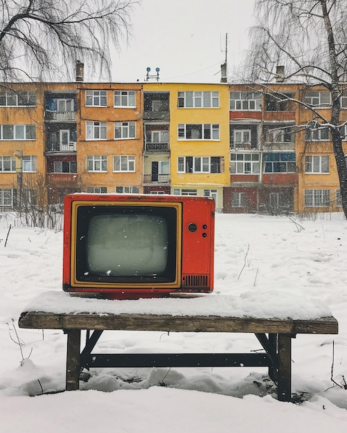 Telewizor siedzący na stole w stylu retro wizualizacji vintage estetyki