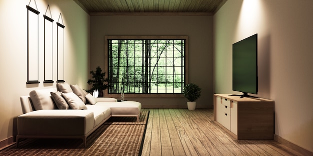 Telewizor w nowoczesnym, białym, pustym wnętrzu, Zaprojektowany dla miłośników japońskiego stylu.