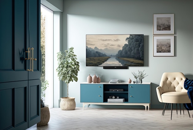 Telewizor we współczesnym salonie z kremowymi ścianami i niebieską szafką