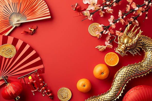 Temat chińskiego Nowego Roku tło z czerwonymi wentylatorami złote monety mandarynki kwiaty wiśni świąteczne złote gałęzie dekoracje życzenia koperty