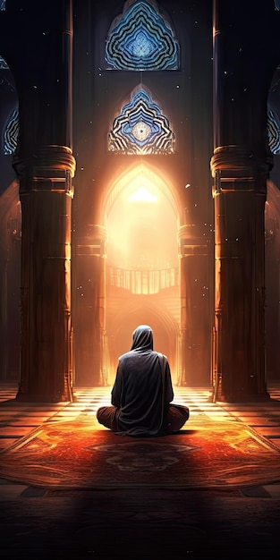 Temat eidaladha, święto poświęcenia, które mężczyzna modli się w meczecie za tekst generatywny ai