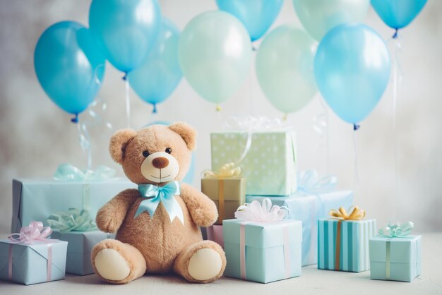 Zdjęcie temat imprezy urodzinowej dziecka z balonami i pluszowym niedźwiedziem