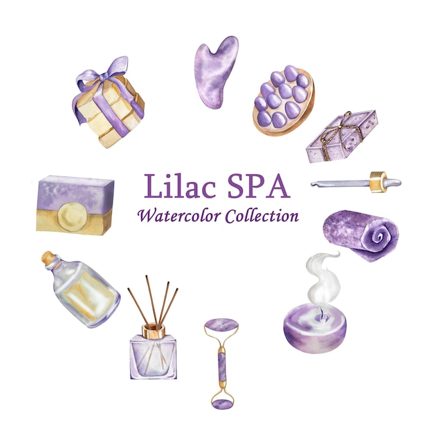 Temat w fioletowych tonach Akwarela Ilustracja dla piękna i zdrowia Naturalny kamień Masaż twarzy Lavender Sprig Mydła Ramka Spa Narzędzie do pielęgnacji skóry dla Web Blog Media społeczne