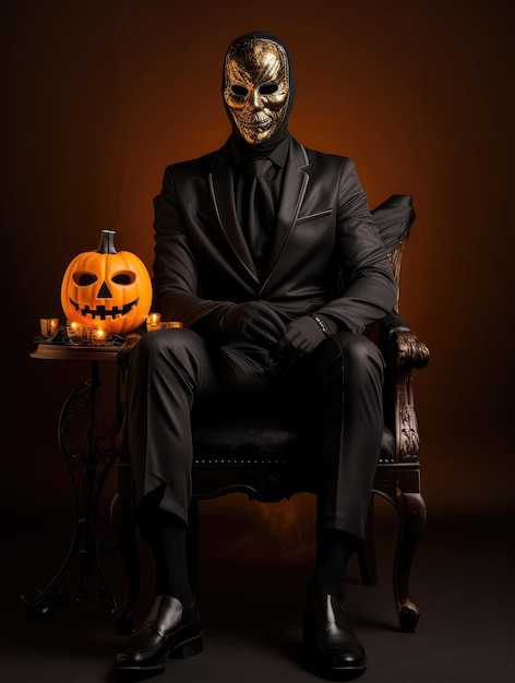 Tematem Halloween jest mężczyzna w czarnym garniturze i złotej masce siedzący w fotelu z dynią.