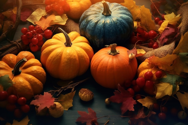 Tematyczne tło Święta Dziękczynienia z jesiennymi liśćmi i dyniami