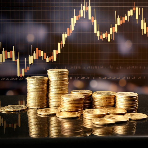 Ten efektowny obraz przedstawia złote monety na tle giełdy, symbolizujące wzajemne oddziaływanie aktywów materialnych i trendów rynkowych