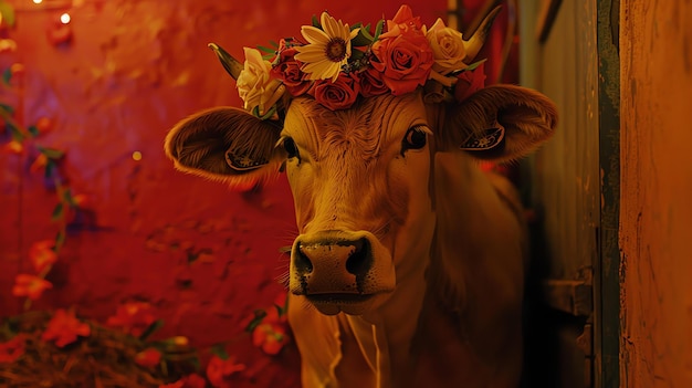 Zdjęcie ten obraz pokazuje zbliżenie krowy noszącej koronę kwiatową krowa stoi w czerwonej stodoły i patrzy na kamerę