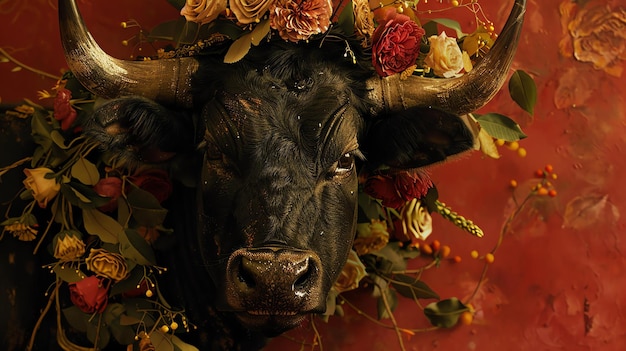 Ten obraz przedstawia czarnego byka z kwiatowym nakryciem głowy Byk jest skierowany do widzów z neutralnym wyrazem twarzy Tło jest ciemnoczerwone