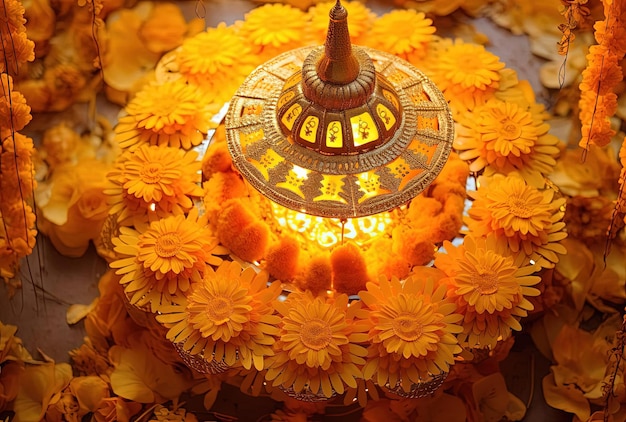 Zdjęcie ten obraz przedstawia lampę wykonaną z żółtych kwiatów w stylu sztuki i architektury hinduskiej