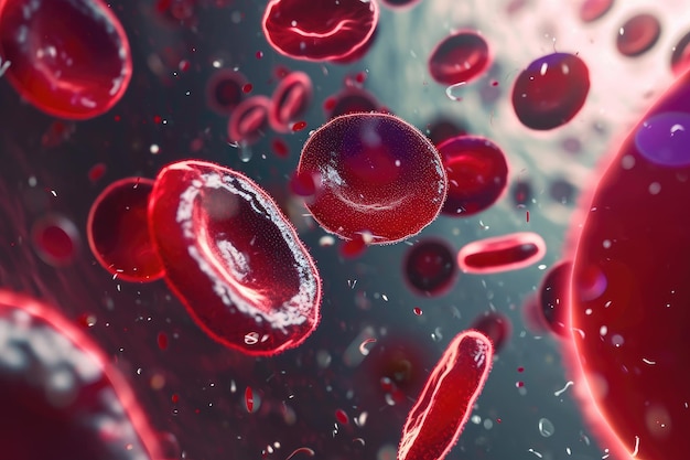 Ten obraz przedstawia wyraźny widok czerwonych krwinek, pokazując ich strukturę i cechy. Mikroskopowy widok komórek krwi w futurystycznym stylu wizualnym science fiction Wygenerowane przez sztuczną inteligencję