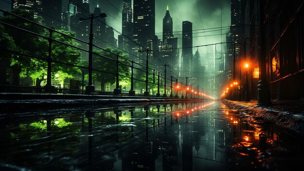 Zdjęcie ten projekt łączy wyrafinowanie ciemnego szarego krajobrazu miejskiego z elektryzującym popem zielonego neonu tworząc dynamiczne doświadczenie wizualne przypominające neonowe światła tańczące w krajobrazie miejskim