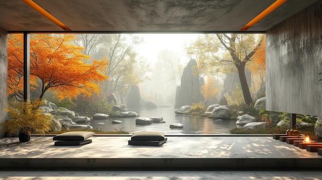 Ten render 3D pokazuje pusty betonowy pokój na tle przyrody z dużym oknem