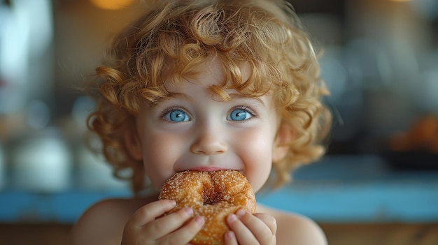 Ten uroczy mały chłopiec dobrze się bawi jedząc pączki na niebieskim tle pyszne jedzenie dla dzieci zabawny czas w domu jasny chłopiec