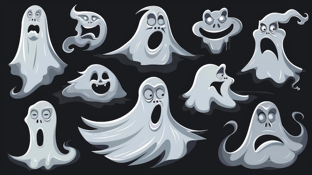 Zdjęcie ten zestaw halloween zawiera postacie duchów z różnymi emocjami izolowane na czarnym tle to nowoczesna ilustracja latającego białego fantomu przerażającego ducha uśmiechającego się przerażająco szczęśliwego