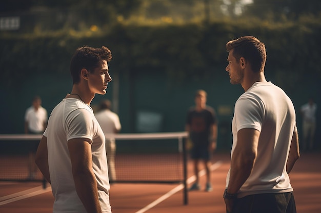 Zdjęcie tenisiści stoją i rozmawiają ze swoimi trenerami na korcie tenisowym w ciągu dnia