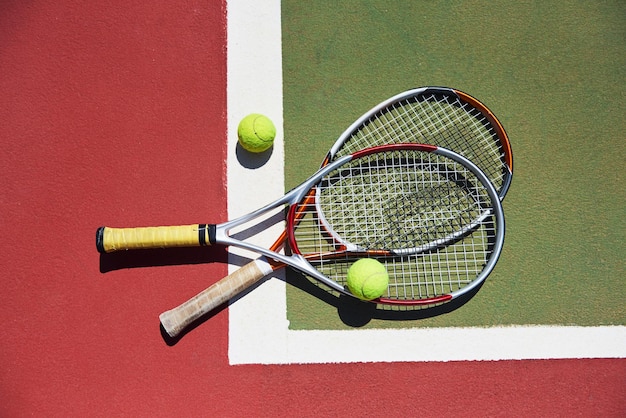 Tenisowa rakietka i nowa piłka tenisowa na świeżo pomalowanym korcie tenisowym
