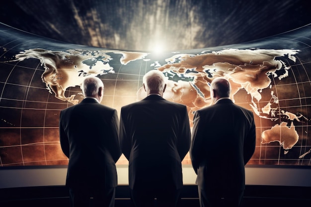 Teoria spiskowa o globalnym spisku i rządzie w cieniu Starszy bogaty mężczyzna w garniturach biznesowych w pobliżu mapy świata omawia los ludzkości
