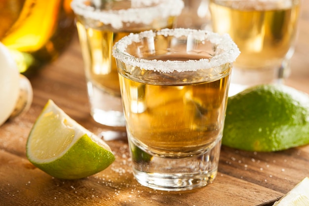 Tequila w szklankach z wapnem i solą