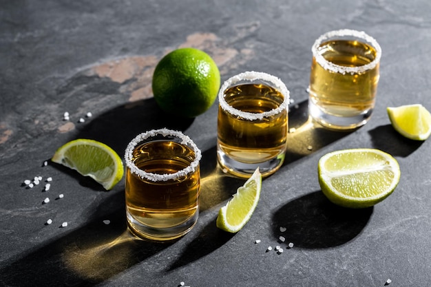 Tequila zastrzelona z limonką i solą morską na tle kamienia luksusowy napój Koncepcja napoju alkoholowego Meksykański napój narodowy