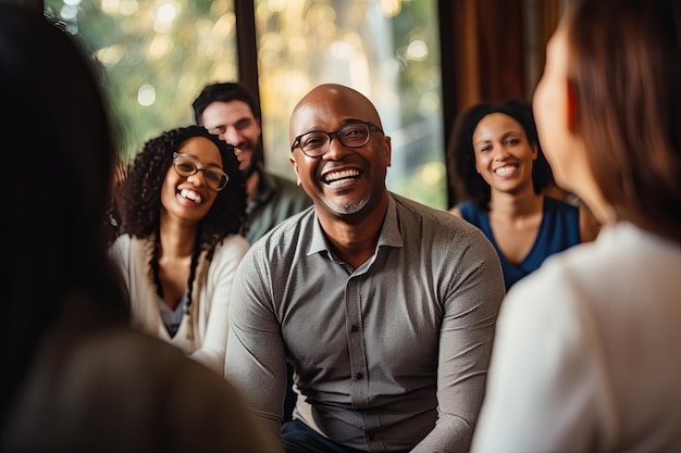 Terapia grupowa i wsparcie Skupia się na uśmiechniętym Afroamerykaninie w średnim wieku w okularach Grupa ludzi wokół wspiera go